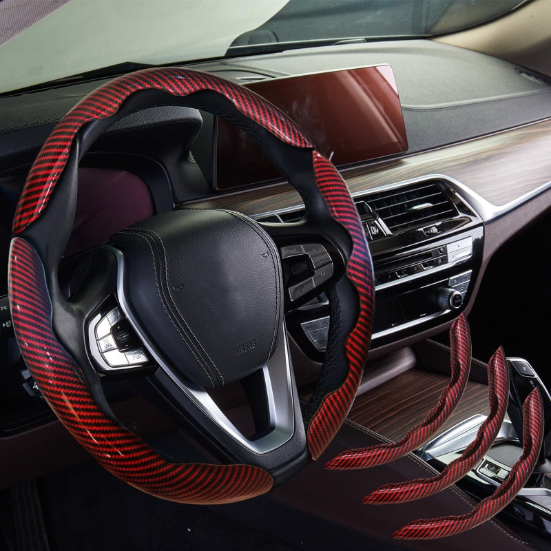 WOCOCN 3pcs Car Steering Wheel CoverAntiSkid Carbon Fiber Steering Wheel Protector for Men WomenMultiple Color OptionsUniversal for Most Car Interiors Accessories Bright Red 3PCS